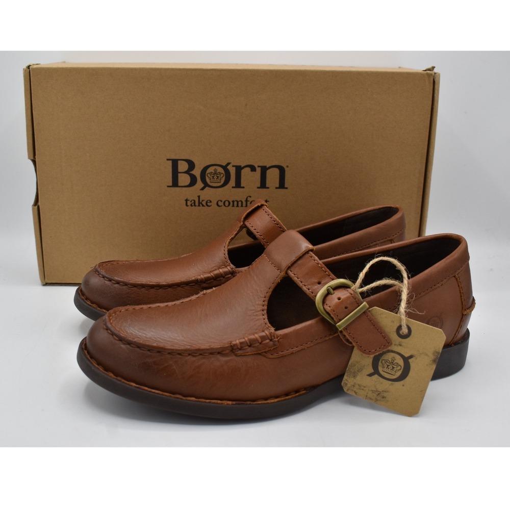 Born T-Strap Miki Loafers Women 7M Brown Tan Leather Moc Toe Buckle Flats NEW